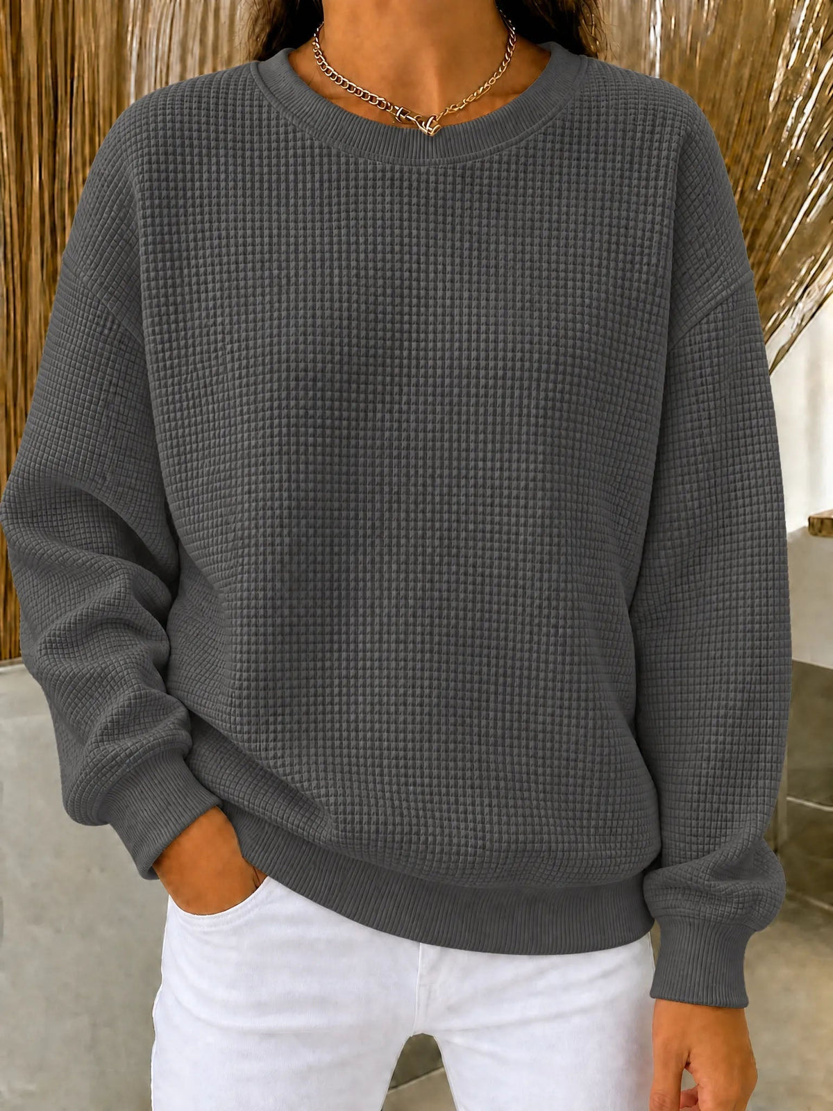 🔥Women's Waffle Knit Crewneck Sweatshirt CLEARANCE SALE