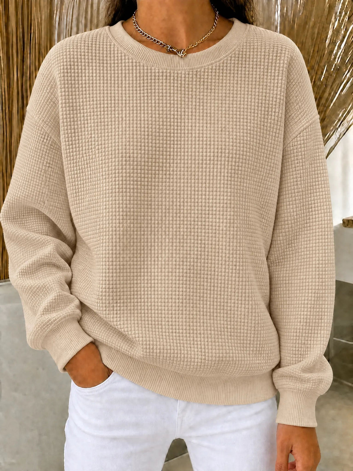 🔥Women's Waffle Knit Crewneck Sweatshirt CLEARANCE SALE